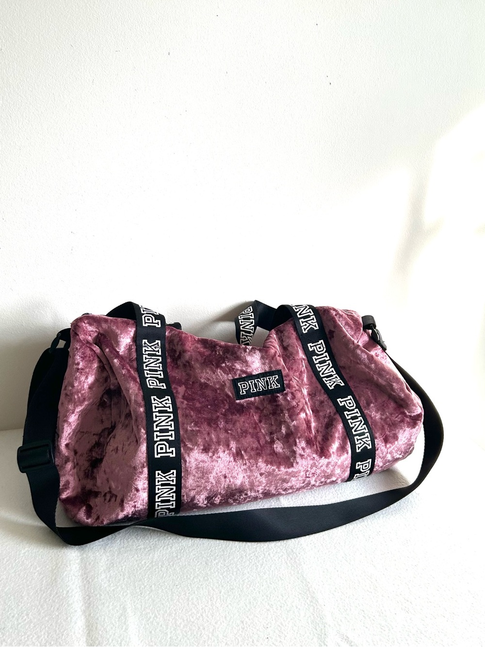 PINK Victoria's Secret Plush Velvet Duffel in Dusty Rose with Black Straps